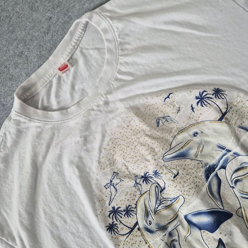 Euro Cotton Costa Maya Village Dolphin Graphic T-Shirt White Glitter Large